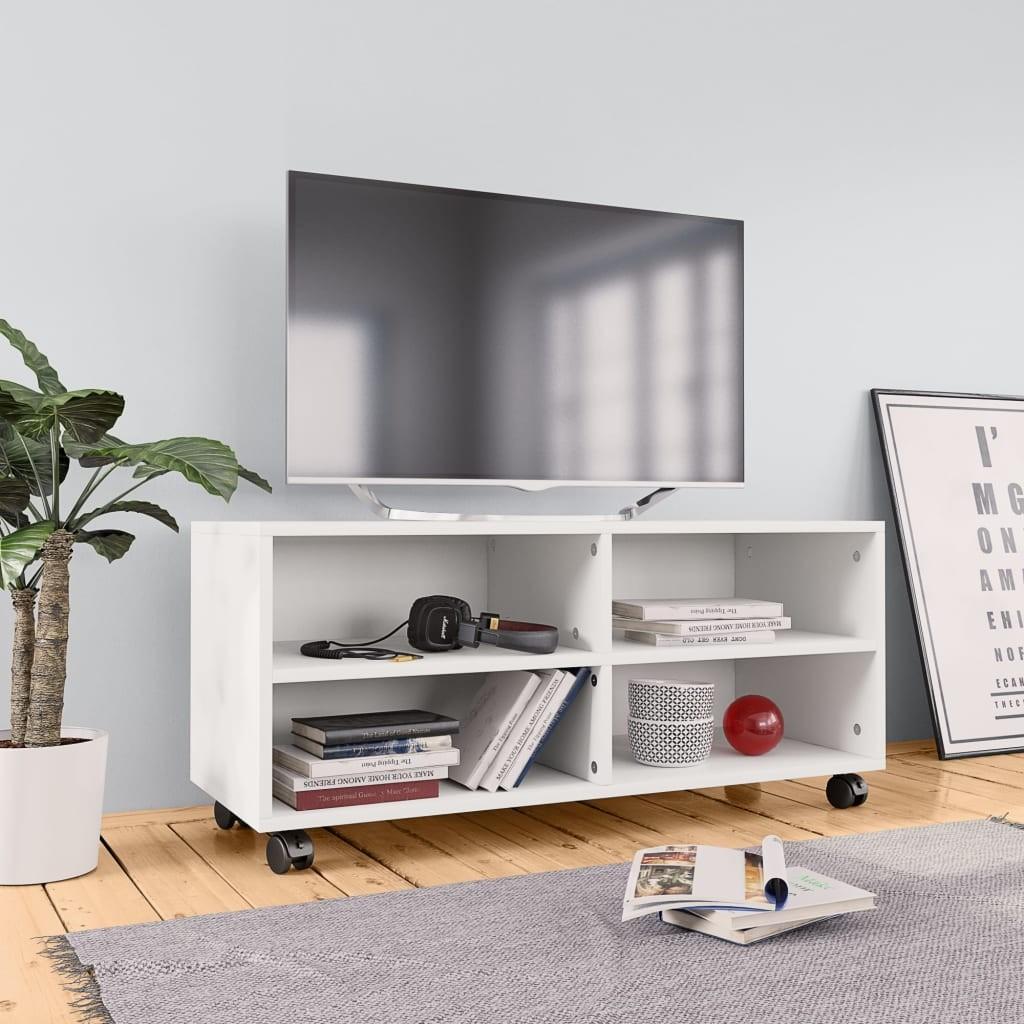 Tv-bord med hjul 90x35x35 cm konstrueret træ hvid