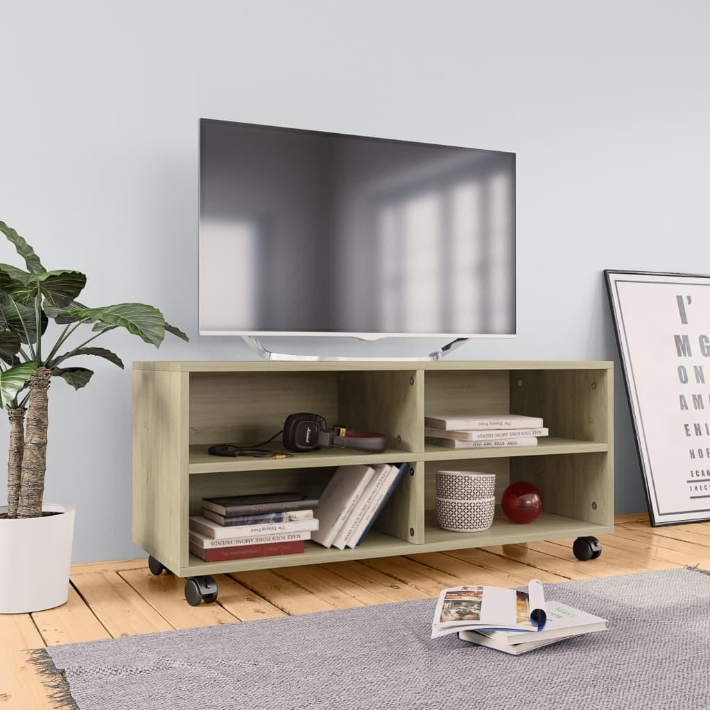 Tv-bord med hjul 90x35x35 cm konstrueret træ sonoma-eg