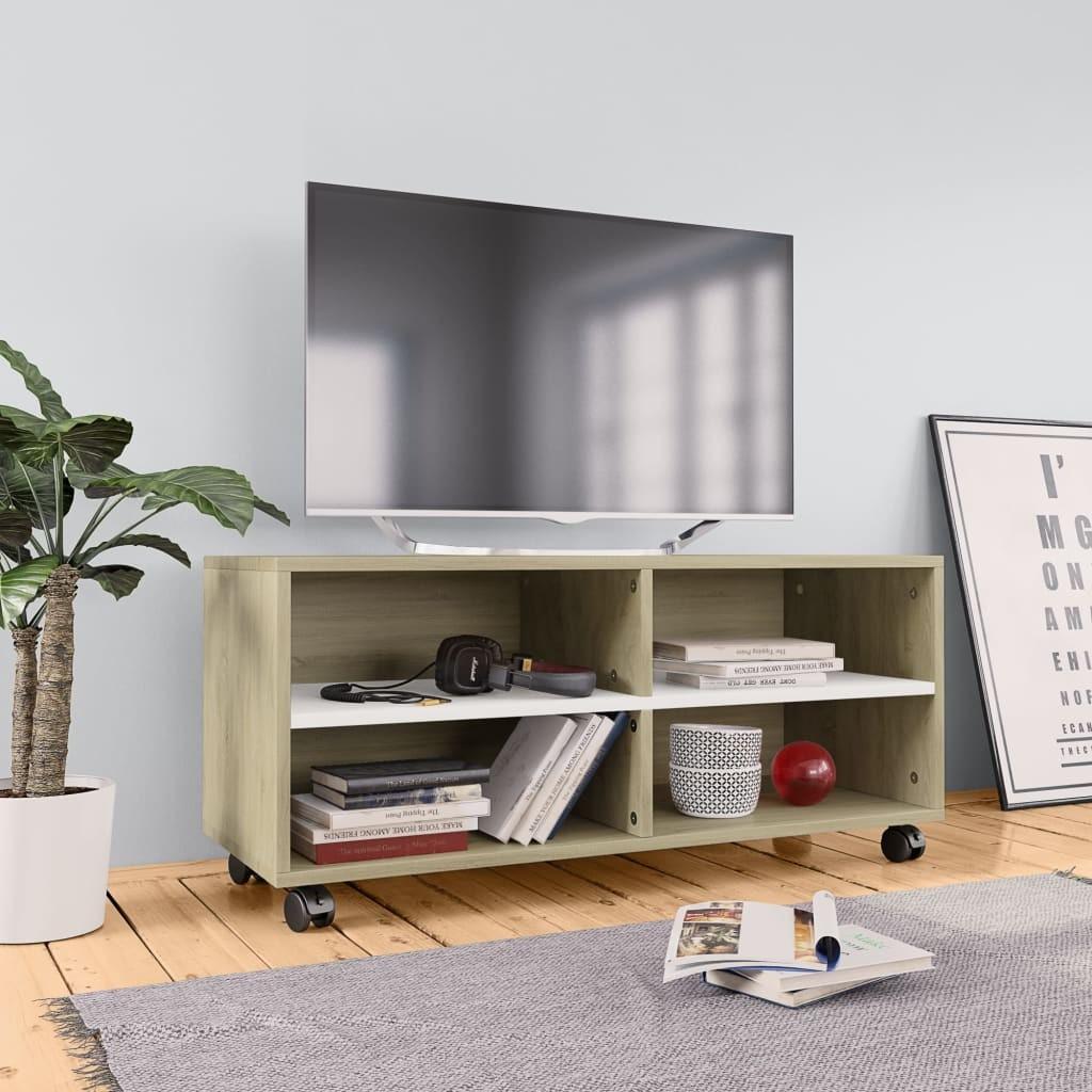 Tv-bord med hjul 90x35x35 cm konstrueret træ hvid og sonoma-eg