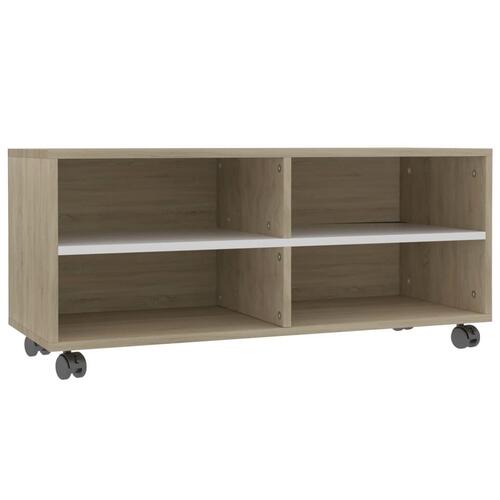 Tv-bord med hjul 90x35x35 cm konstrueret træ hvid og sonoma-eg