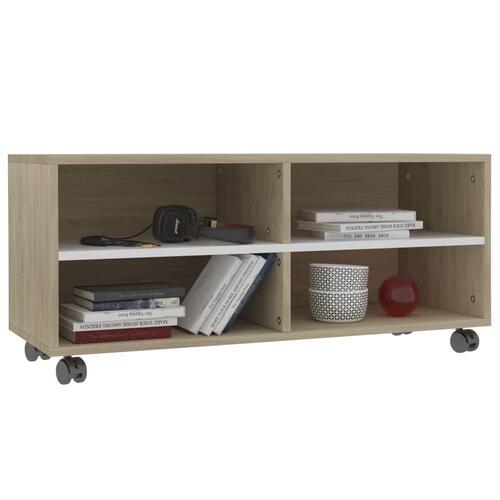 Tv-bord med hjul 90x35x35 cm konstrueret træ hvid og sonoma-eg