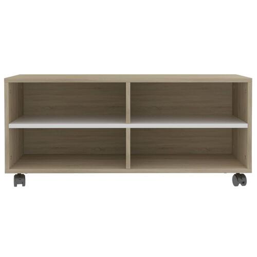 Tv-bord med hjul 90x35x35 cm konstrueret træ hvid og sonoma-eg