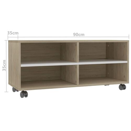 Tv-bord med hjul 90x35x35 cm konstrueret træ hvid og sonoma-eg