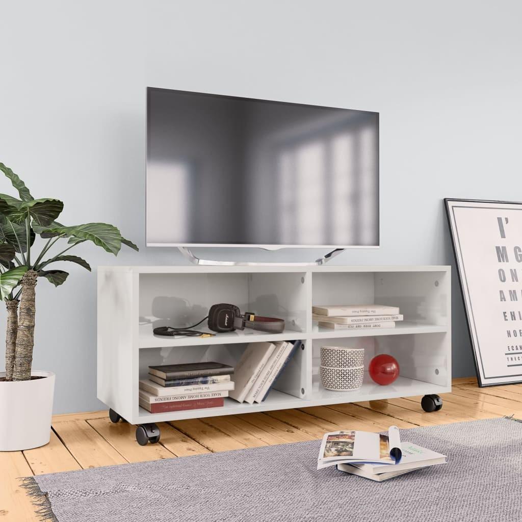 Tv-bord med hjul 90x35x35 cm konstrueret træ hvid højglans