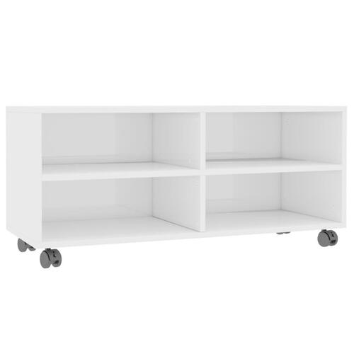 Tv-bord med hjul 90x35x35 cm konstrueret træ hvid højglans