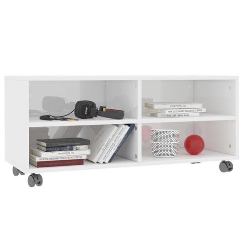 Tv-bord med hjul 90x35x35 cm konstrueret træ hvid højglans