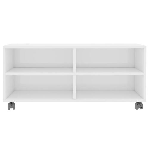 Tv-bord med hjul 90x35x35 cm konstrueret træ hvid højglans