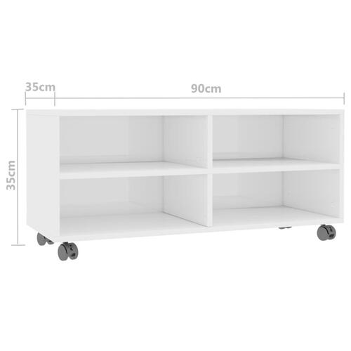 Tv-bord med hjul 90x35x35 cm konstrueret træ hvid højglans