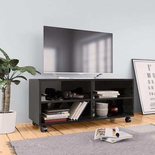 Tv-bord med hjul 90x35x35 cm konstrueret træ sort højglans