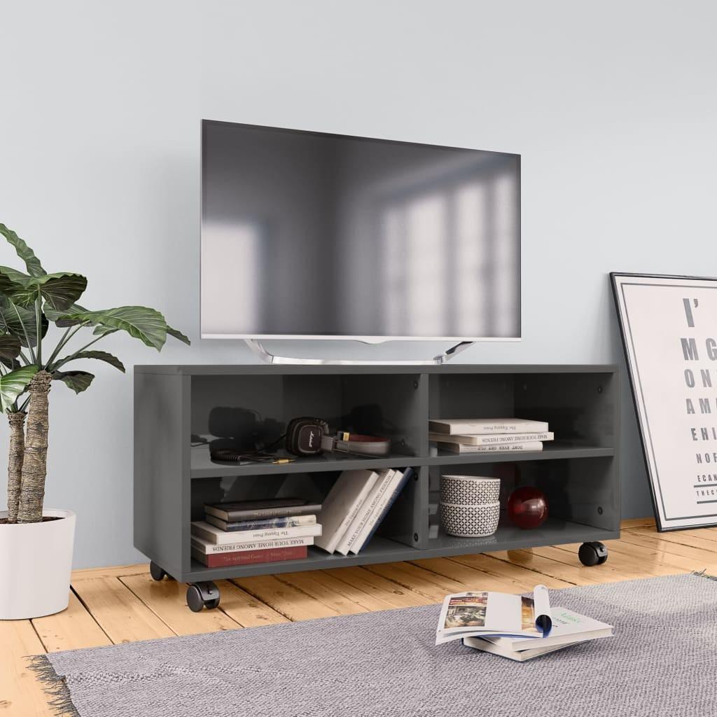Tv-bord med hjul 90x35x35 cm konstrueret træ grå højglans