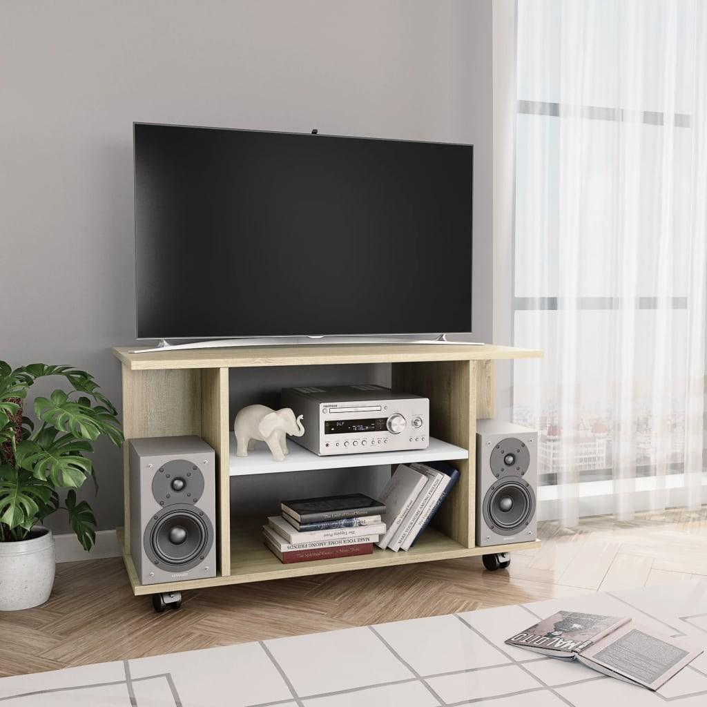 Tv-skab med hjul 80x40x45 cm konstrueret træ hvid og sonoma-eg