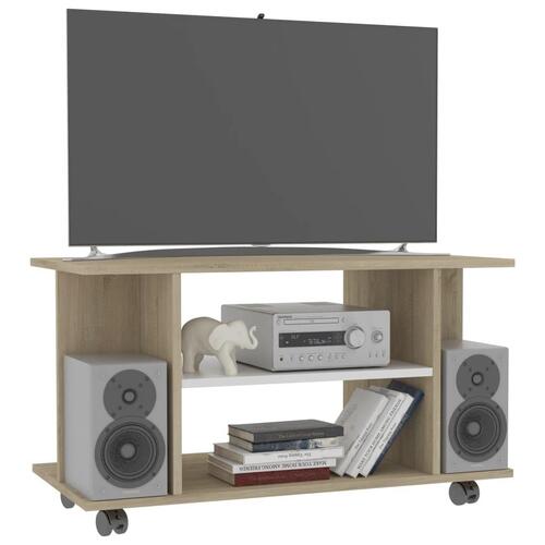 Tv-skab med hjul 80x40x45 cm konstrueret træ hvid og sonoma-eg