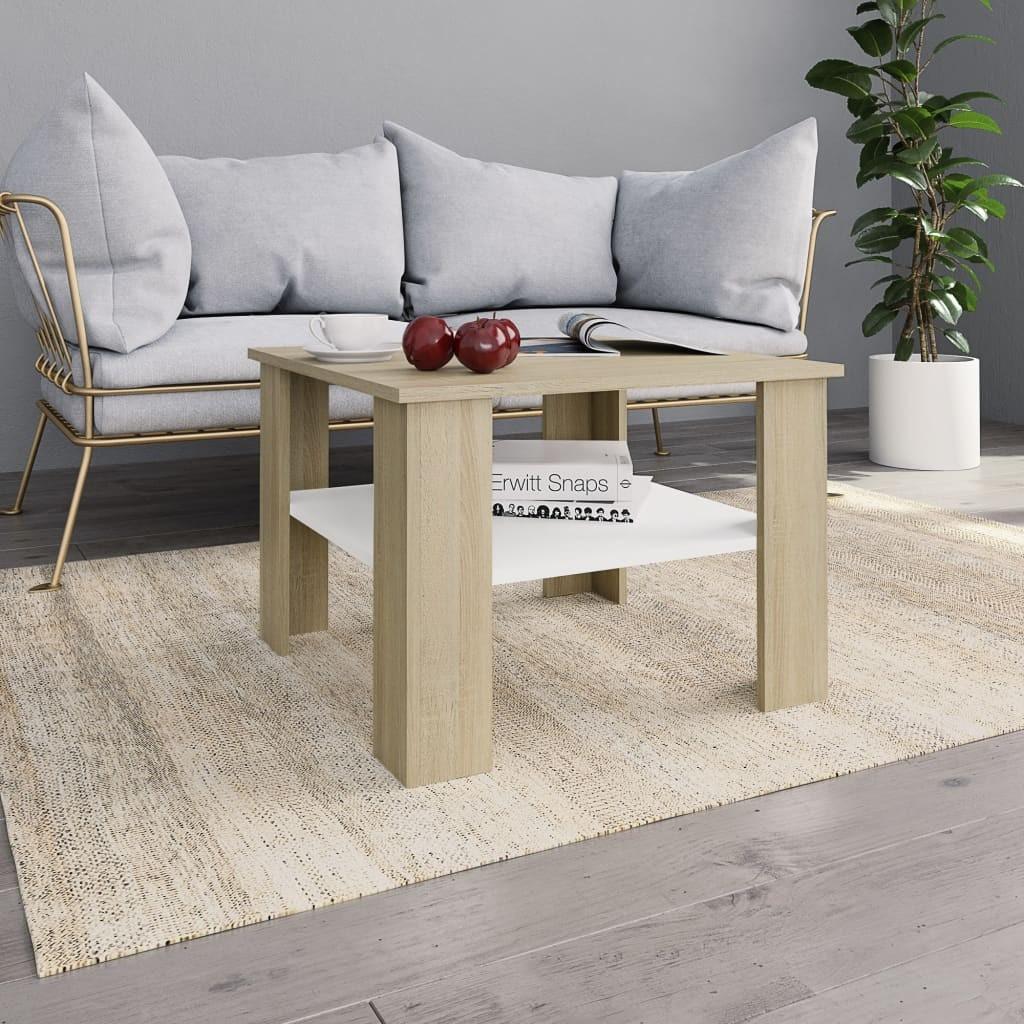 Sofabord 60x60x42 cm konstrueret træ hvid og sonoma-eg