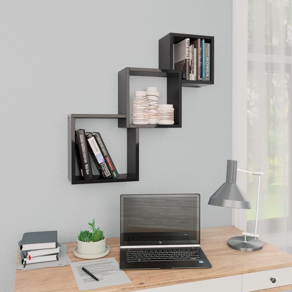 Væghylder 68x15x68cm kubeformet konstrueret træ sort højglans
