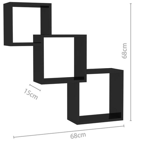 Væghylder 68x15x68cm kubeformet konstrueret træ sort højglans