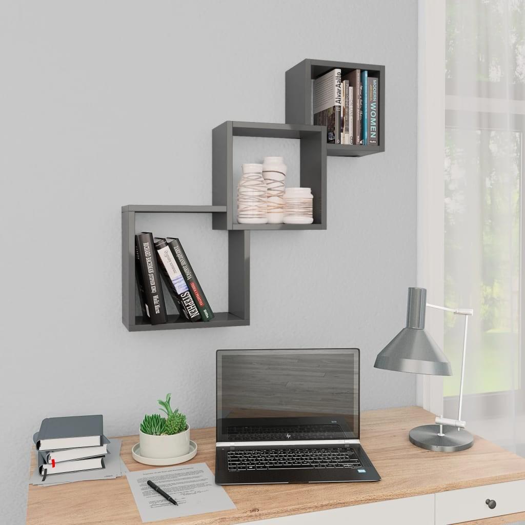 Væghylder 68x15x68cm kubeformet konstrueret træ sort højglans