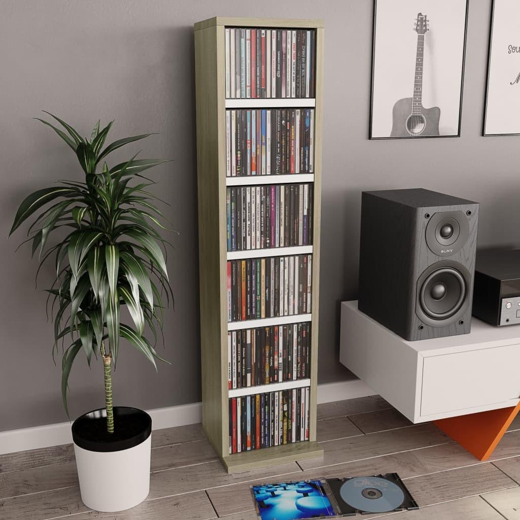 CD-reol 21 x 16 x 88 cm spånplade hvid og sonoma-egetræsfarve