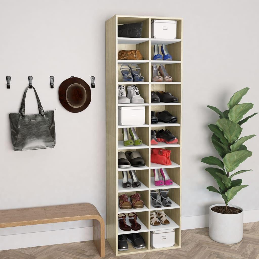 Skoreol 54 x 34 x 183 cm spånplade hvid og sonoma-eg