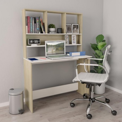 Skrivebord med hylder - 110 × 45 × 157 cm, spånplade, hvid/sonoma-eg
