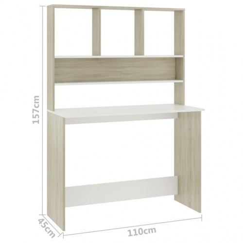 Skrivebord med hylder - 110 × 45 × 157 cm, spånplade, hvid/sonoma-eg