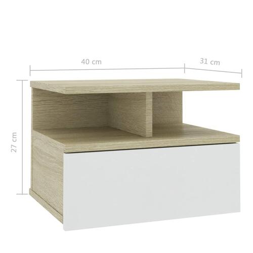Svævende natbord 40 x 31 x 27 cm spånplade hvid og sonoma-eg