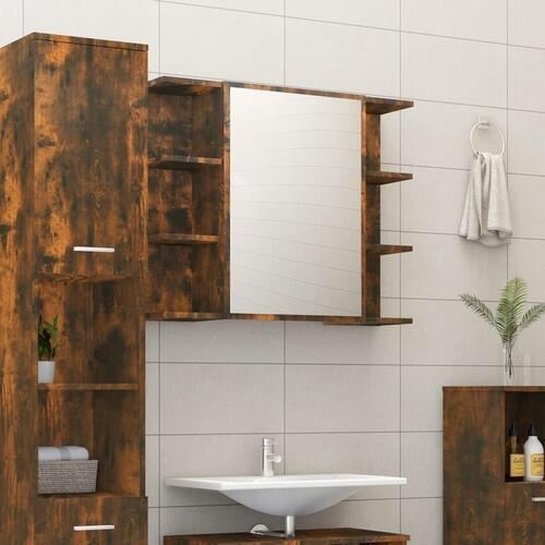 Badeværelsesskab + spejl 80x20,5x64 cm konstrueret træ røget eg