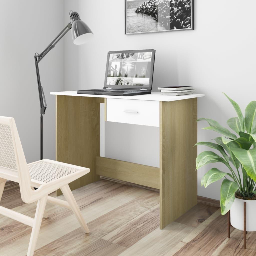 Skrivebord 100x50x76 cm konstrueret træ hvid og sonoma-eg