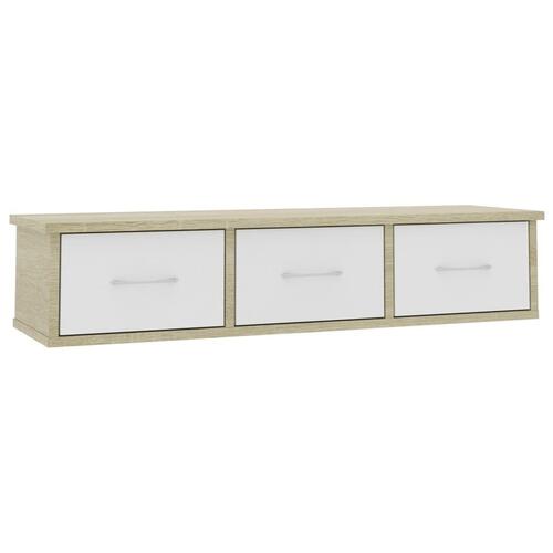 Vægskab med skuffer 90 x 26 x 18,5 cm spånplade hvid og sonoma-eg