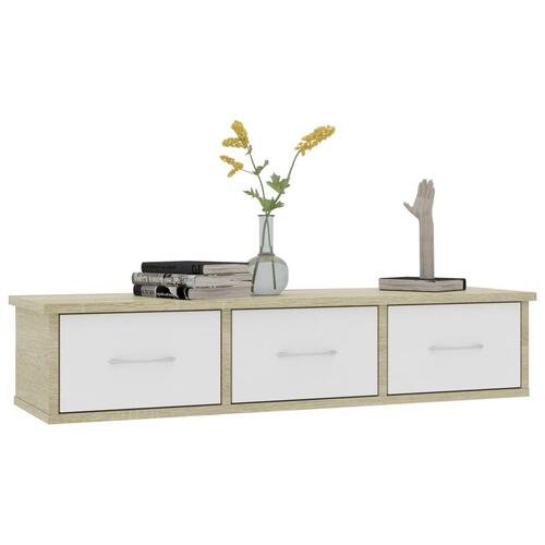Vægskab med skuffer 90 x 26 x 18,5 cm spånplade hvid og sonoma-eg