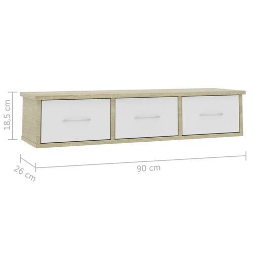 Vægskab med skuffer 90 x 26 x 18,5 cm spånplade hvid og sonoma-eg