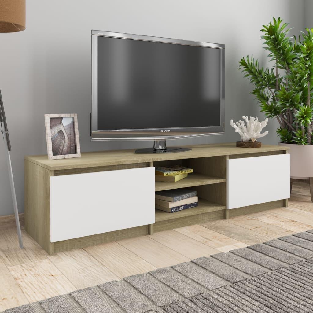 Tv-bord 140x40x35,5 cm konstrueret træ hvid og sonoma-eg
