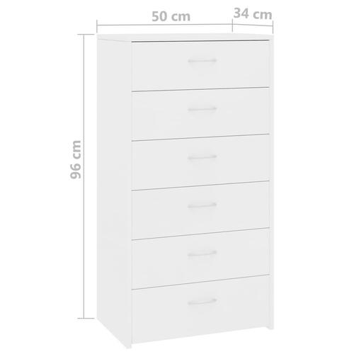 Kommode med 6 skuffer 50x34x96 cm konstrueret træ hvid