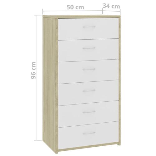 Skænk med 7 skuffer 50 x 34 x 96 cm spånplade hvid og sonoma-eg
