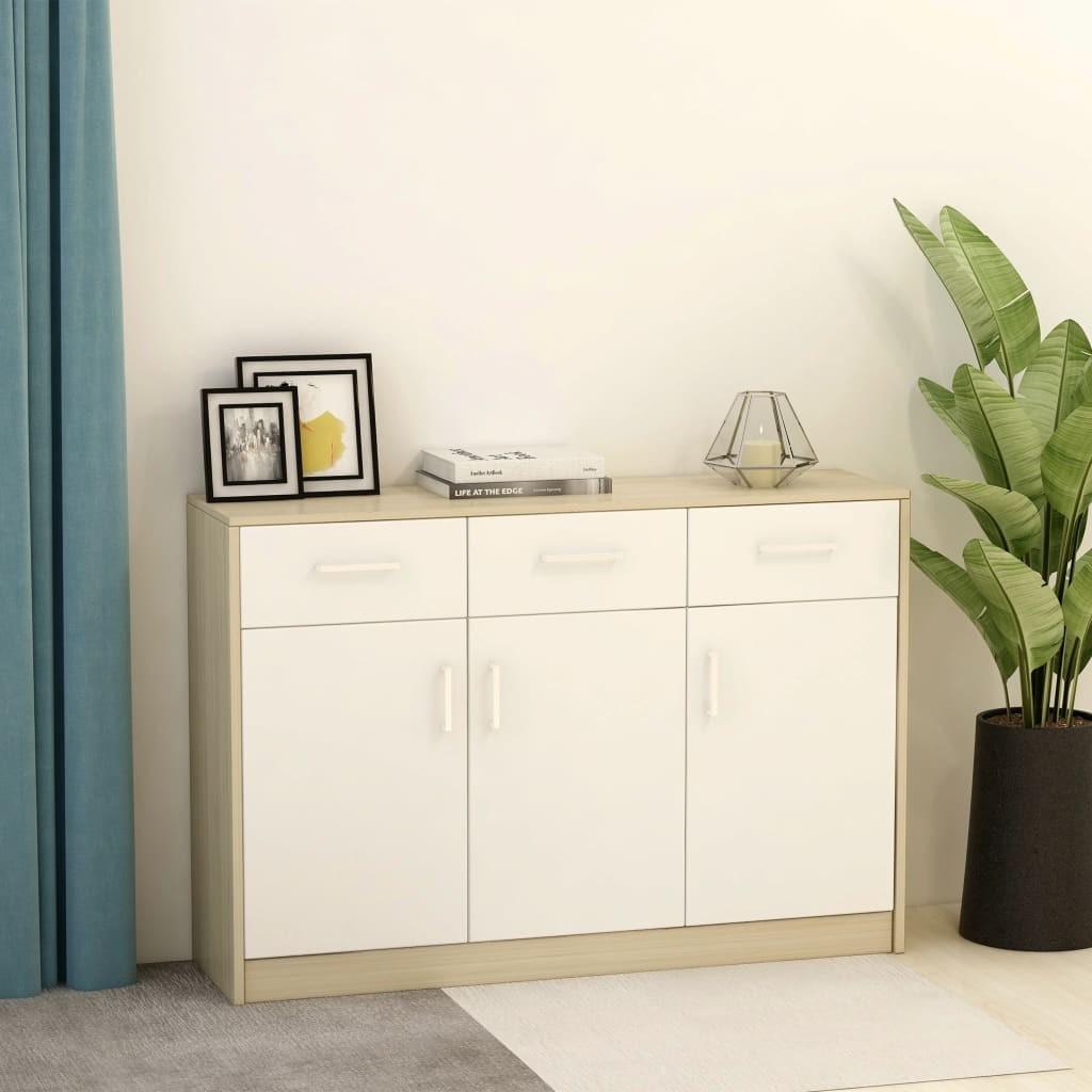 Skænk 110x30x75 cm spånplade hvid og sonoma-eg