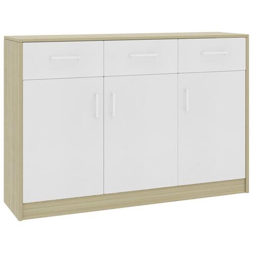 Skænk 110x30x75 cm spånplade hvid og sonoma-eg