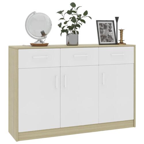 Skænk 110x30x75 cm spånplade hvid og sonoma-eg