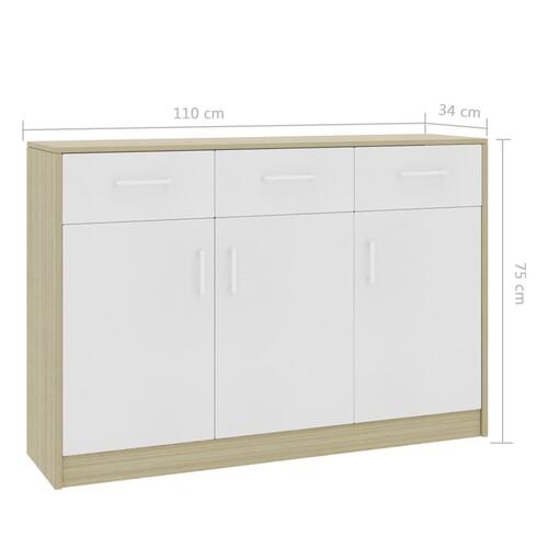 Skænk 110x30x75 cm spånplade hvid og sonoma-eg