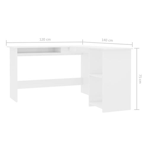 L-formet skrivebord 120x140x75 cm konstrueret træ hvid højglans