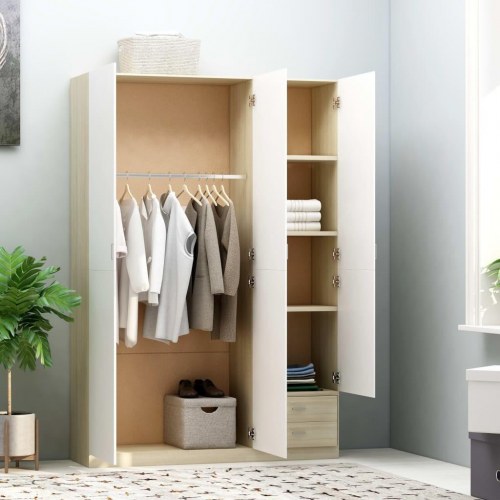 Klædeskab med 3 låger 120x50x180 cm spånplade hvid og sonoma-eg