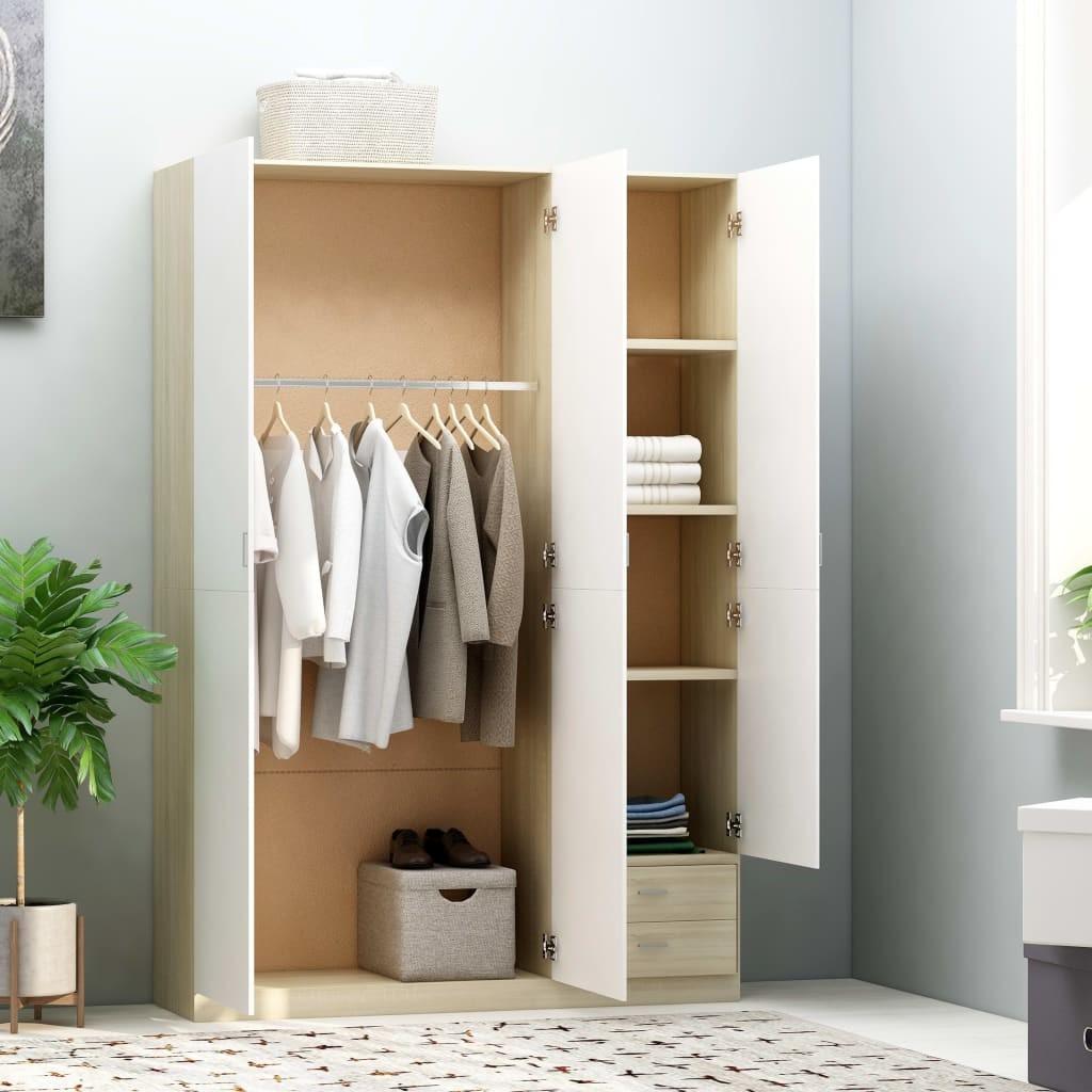 Klædeskab med 3 låger 120x50x180 cm spånplade hvid og sonoma-eg