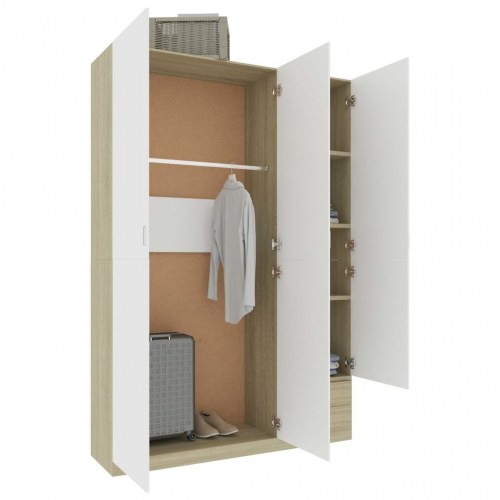 Klædeskab med 3 låger 120x50x180 cm spånplade hvid og sonoma-eg