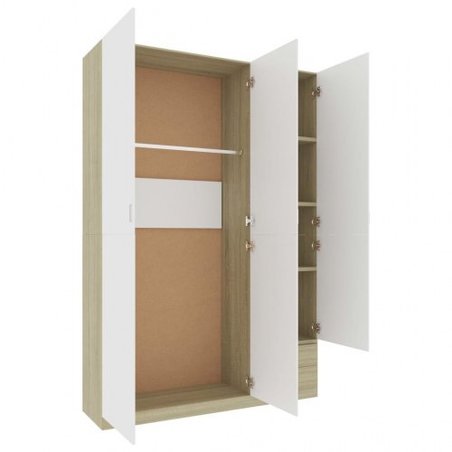Klædeskab med 3 låger 120x50x180 cm spånplade hvid og sonoma-eg