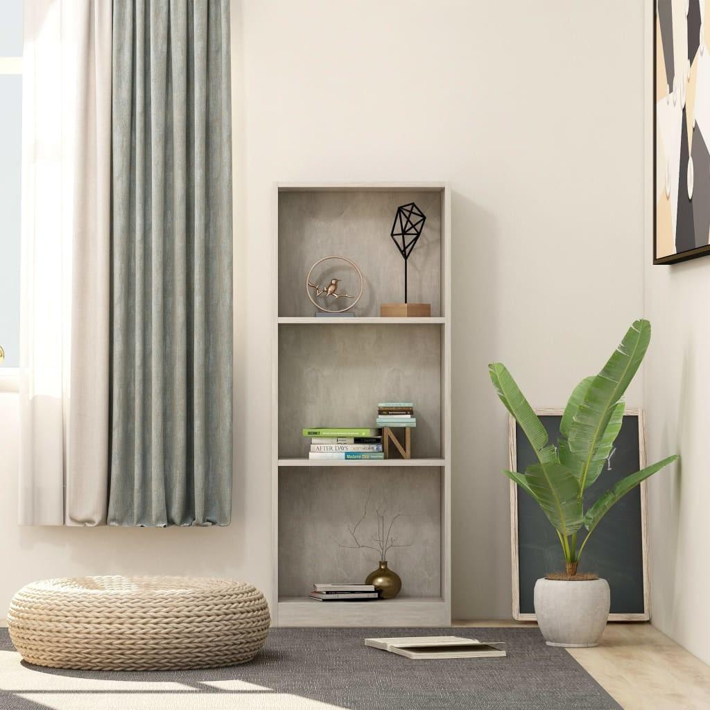 Bogreol med 3 hylder 40x24x109 cm konstrueret træ betongrå