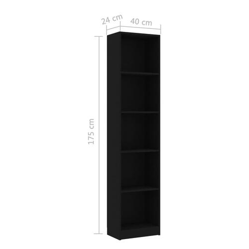 Bogreol med 5 hylder 40x24x175 cm konstrueret træ sort