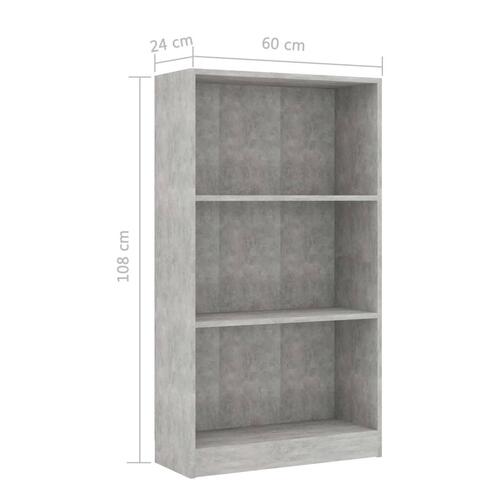 Bogreol med 3 hylder 60x24x109 cm konstrueret træ betongrå