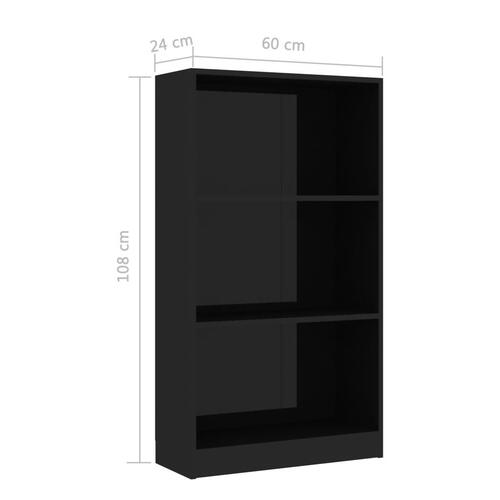 Bogreol med 3 hylder 60x24x109 cm konstrueret træ sort højglans
