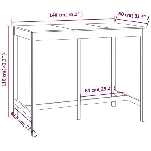 Barbord 140x80x110 cm massivt fyrretræ hvid