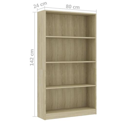 Bogreol med 4 hylder 80x24x142 cm konstrueret træ sonoma-eg
