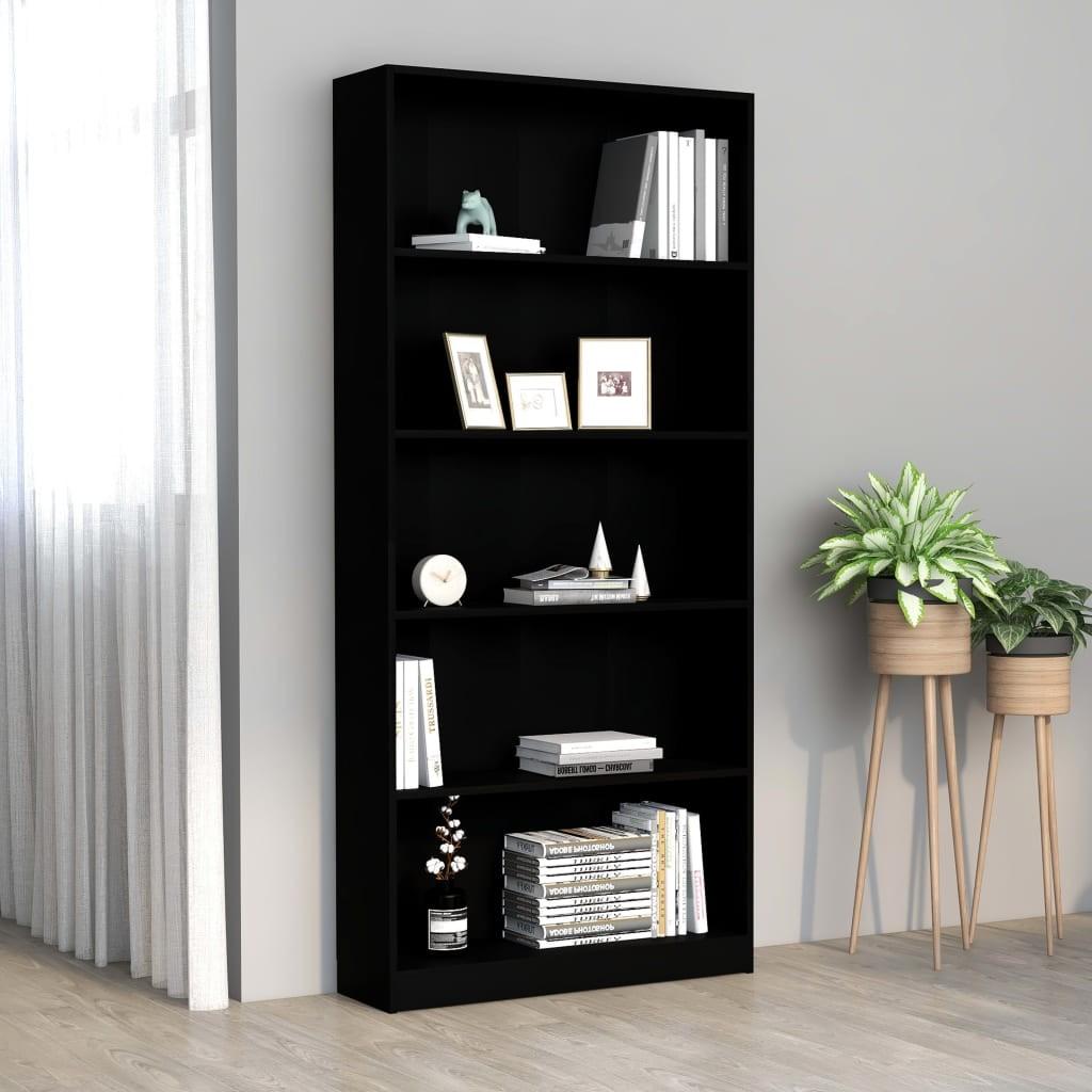 Bogreol med 5 hylder 80x24x142 cm konstrueret træ sort