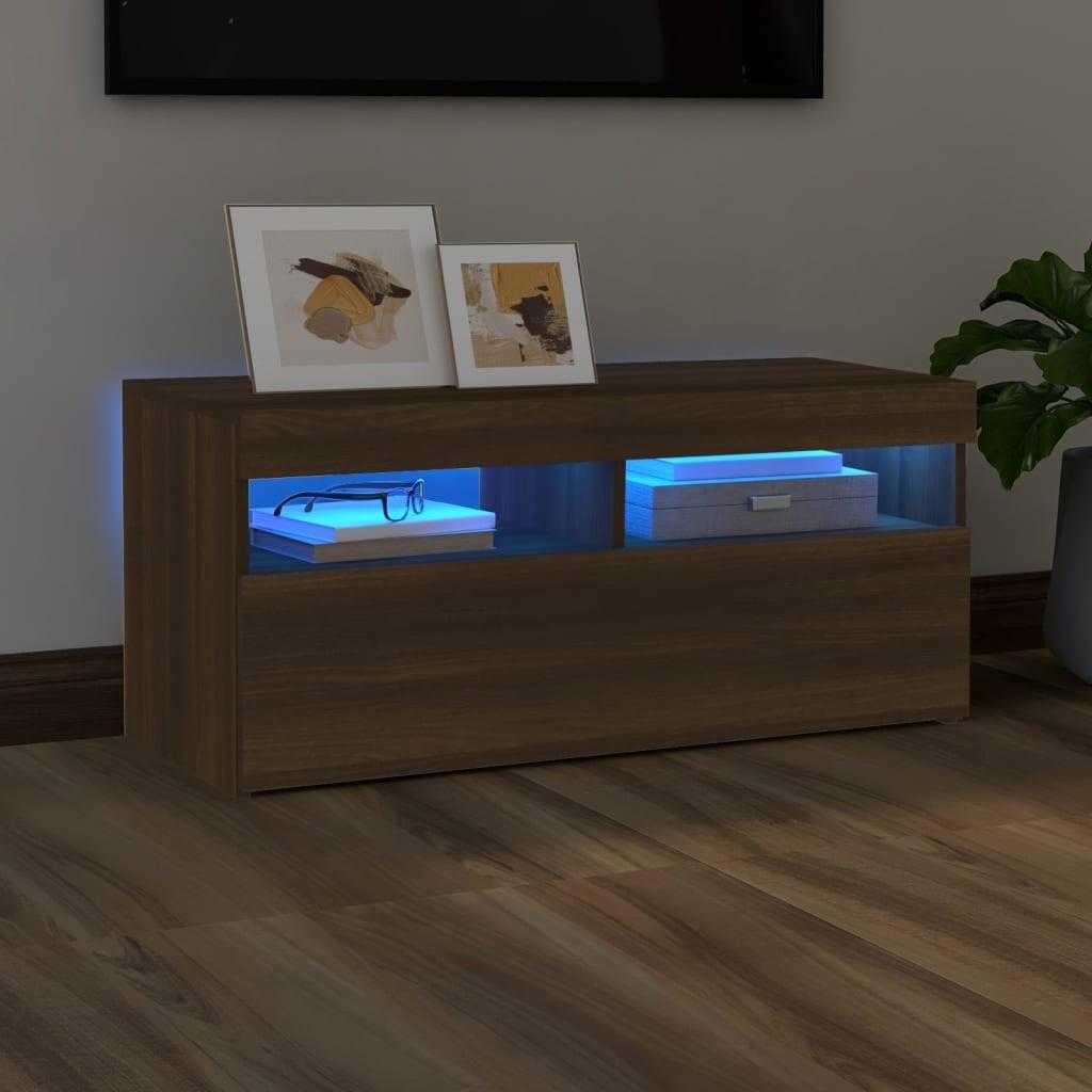 Tv-bord med LED-lys 90x35x40 cm brun egetræsfarve